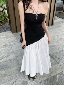 GUZILIAN | Fashionable Personality Splice Bustier Long Dress Slimming High Waist Korean Style Commute Pure Color Summer Dress