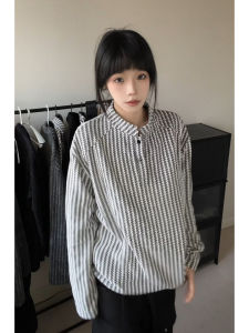 เสื้อยืดคอกลมแขนยาวทรงหลวมสไตล์อเมริกันสำหรับผู้ชาย ทรงหลวมสบายๆ ลายกระดูกปลา ทรงหลวมสบายๆ สำหรับผู้ชาย