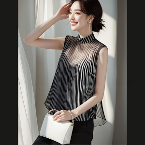 เสื้อเชิ้ตผ้าชีฟองแขนกุดลายทางสีดำสุดหรูหราสำหรับผู้หญิง เสื้อทำงานฤดูร้อนที่สวยงามและไม่ซ้ำใคร ทรงตรง สไตล์เกาหลี