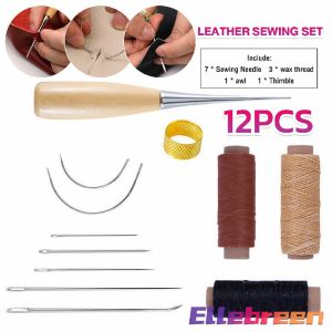 12pcs Leather Sewing Kit Sewing needle/Wooden Handle Awl/30m Wax Thread