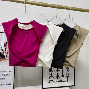 เสื้อยืดกีฬาแขนสั้นเซ็กซี่แบบมีแผ่นรองหน้าอกสำหรับผู้หญิง ทรงเข้ารูป เสื้อกั๊กออกกำลังกาย ใส่กลางแจ้ง