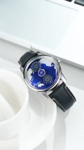 OBLVLO Nam Cao Cấp Tự Động Đồng Hồ Mặt Trái Đất Bánh Xe Analog Dây Da Màu Xanh Dạ Quang Tay Cơ Đồng Hồ Đeo Tay JM-EARTH