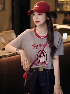 Shalldoer | Áo thun nữ tay ngắn in hình chó màu xám mùa hè thiết kế mới tay thường chất liệu cotton phong cách thường ngày cổ tròn