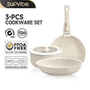 SUPVIBEชุดกระทะ ชุดเซทหม้อ ชุดหม้อและกระทะ กระทะที่ไม่ติด กระทะเคลือบเทปล่อน พร้อมฝาปิด ด้ามจับกันความร้อน