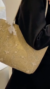 Casual Lace Woven Bucket Shoulder Bags for Women Embroidery Floral Ladies Summer Beach Tote Large Capacity Female Armpit Handbag