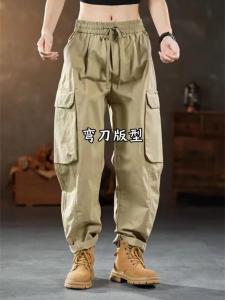 กางเกงลำลองชายทรงหลวมสไตล์อเมริกันย้อนยุคหลายกระเป๋าทันสมัย ทรงหลวม กางเกงขายาวทรงหลวมสำหรับฤดูใบไม้ผลิและฤดูใบไม้ร่วง