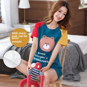Womens Pajamas with Chest Pad 2024 New Arrival Summer Short Sleeve Shorts Thin Casual Korean Style Homewear Sweet Two-Piece Set