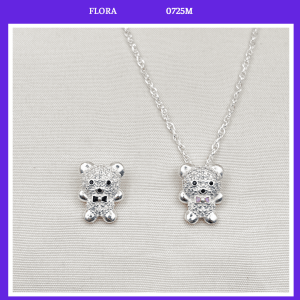 FLORA 0725M - [Có bán lẻ] Dây chuyền bạc ta hình gấu đeo nơ màu hồng đen dành cho bé gái