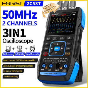 FNIRSI 2C53T ออสซิลโลสโคปแบบพกพา 3 ใน 1 รุ่นอัปเกรด - Oscilloscope + มัลติมิเตอร์ + เครื่องสร้างสัญญาณ DDS ความกว้างแบนด์ 50MHz อัตราสุ่มตัวอย่าง 250MS/s 20000 Counts