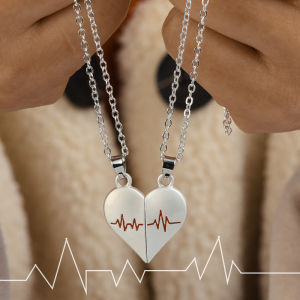 Sweet Romantic Electrocardiogram Love Magnetic Pendant Necklace for Couple Fashion Peach Heart Metal Two-Piece Necklace for Love