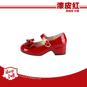 Low-Heeled Mary Janes with Butterfly Knots And Metal Buckles in Painted Leather Sheep Cream Puff Bear Footwear for Women