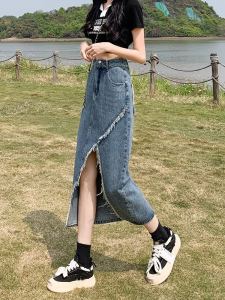 Womens Denim Mini Skirt High Waist A-Line Midi Skirt Spring Autumn New Arrival Asymmetrical Old Fashioned Zipper Button