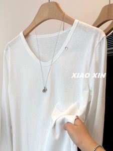 Pure Color Snowflake Cotton Long Sleeve U-Neck Base Shirt Womens T-Shirt Commute Style Korean Version Straight Cut