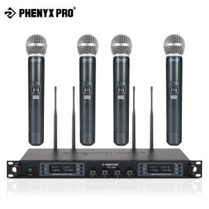 Phenyx Pro PTU-7000A Wireless Microphone System 4-Channels Professional Handheld Dynamic Microphones Auto Scan for Stage Live Show Worship Wedding Church
