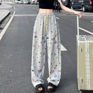 LANGPIN | กางเกงขายาวเอวสูงพิมพ์ลายแฟชั่นฤดูร้อนสำหรับผู้หญิง กางเกงวอร์มทรงหลวมสบายๆ 2 ทาง ผ้าโพลีเอสเตอร์ 100% ความยาวปกติ