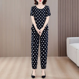New Summer Cotton Silk Set Womens Outerwear Artificial Cotton Loose Wide Leg Pants Sleepwear Home Clothes High End