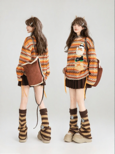KEIKO | Sunset Orange Striped French Vintage Loose Long Sleeve Applique Thin Knit Top