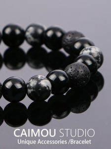 CAIMOU Snowflake Volcano Stone Black Beads Mens Bracelet Womens Style High-End Feel Ethnic Minority Design Unique Accessory