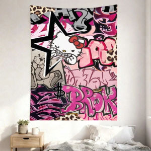 Sanrio | Pink Graffiti Cute Punk Hello Kitty Tapestry Bedroom Living Room Wall Decor Gift for Holidays Indoor Outdoor Decoration