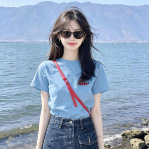 CHOEFULYN | Slimming Blue Printed Loose-fitting Short Sleeve T-Shirt for Women