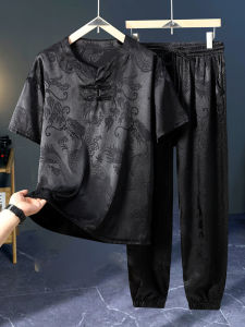 190.00kg Plus Size New Arrival Ice Silk Leisure Short Sleeve Suit Men plus Size National Style Chinese Tang Costume Two-piece Set