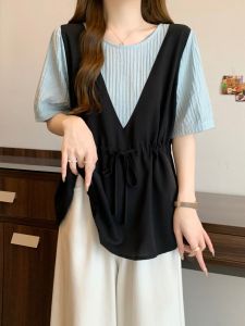 Stylish Fake Two Pieces Short Sleeve Bottoming Shirt Womens Summer Plus Size Plus Size Ladies Slimming Belly-Covering Cinched Peplum Tops