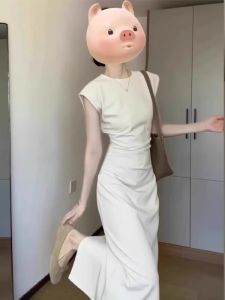 MUAMY Summer New French Luxurious Fashionable Minimalist Waist-Cinching Dress Womens Elegant High Waist Midi Skirt Dress