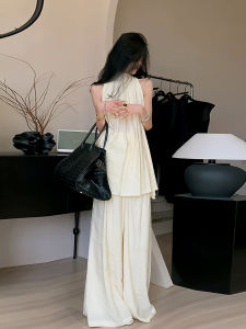 Hàn Quốc Dáng Chữ A Cổ Cao Xẻ Tà Cộc Tay Không Tay Áo Sơ Mi Ống Rộng Cao Vòng Eo Quần Dài Bộ Hai Món Thời Trang Mùa Hè Cho Nữ