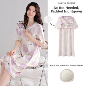 Miiow | Cute Pure Cotton Long Sleeve Womens Sleepwear Short Sleeve Summer Nightgown Comfortable Breathable Home Clothes Outfit