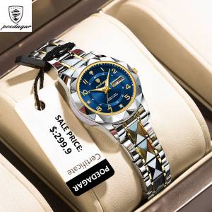 POEDAGAR Womens Watches Waterproof Luminous Date Week Display Stainless Steel Dress Ladies Wristwatch