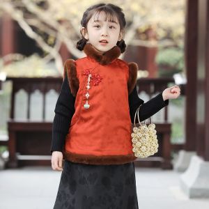 New Winter Childrens Cheongsam V-Neck Sleeveless Thickened Celebration Festive Style Girls Clothes Poly Fiber Material