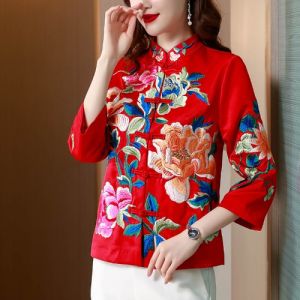 Chinese Style Red Embroidered Qipao Blouse