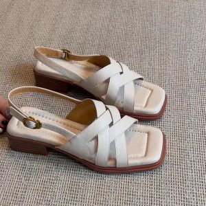 French Style Cowhide Roman Sandals Womens Open Toe Cross Band Retro Thick Heel Summer Outdoor Wear Casual Low Cut Buckle