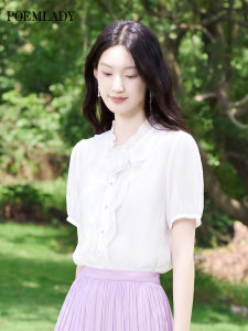 POEMLADY | Elegant Office Wear White Short Sleeve Womens Shirt Chiffon