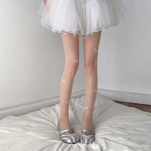 【♡Lovely girls house♡】Shining Bow Pearls Pantyhose Japanese Jk Bow Tie White Black Silk Stockings Pink Lolita Women Tights