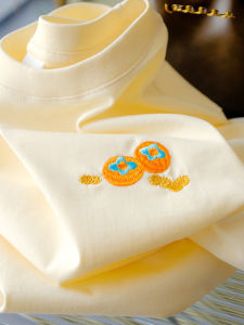 Dopamine Apricot Round Collar Embroidery Pure Cotton Short Sleeve Womens T-Shirt