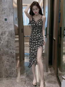 Summer 2025 Womens Floral Print Asymmetrical Halter Dress Sun Protection Top Two-Piece Set Long Skirt V-Neck Sleeveless Gown