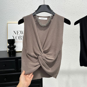 V-Neck Sleeveless Knitted Tank Top Womens Summery Slimming Short-Sleeved Unique Working Clothes K-style Regular Thickness