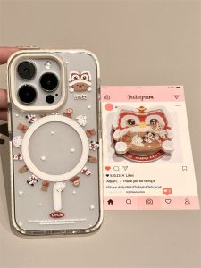New Year Cartoon Lion Dance Mobile Phone Case with Stand Girl Heart Style Full Protection Shockproof for iPhone 16 pro Max 15 pro Max