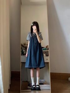 Váy Denim Cổ Búp Bê Mùa Hè Cổ Điển Cho Nữ Váy Midi Không Tay Dáng Chữ a Váy Mùa Hè Phong Cách Thường Ngày Váy Denim