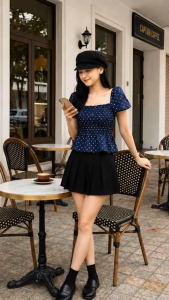 Áo babydoll tiểu thư tay phồng chấm bi Freesize dưới 57kg Lucky Clothing 3294