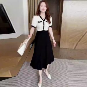 Fashionable V-Neck Splice Slimming Midi Dress Korean Style High Waist A-Line Skirt Short Sleeve Summer New Arrival Womens Dress