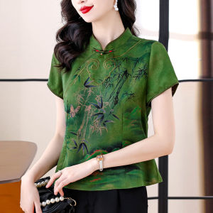Silk Short Sleeve Cheongsam Shirt Womens New Summer Chinese Style Reformed Qipao Top Floral Print Embroidery Slim Fit Commute