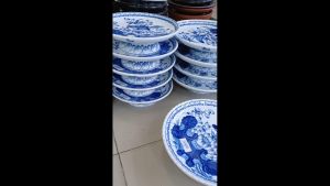 Mâm Bồng - Đĩa Đựng Hoa Quả Thờ Cúng Men Lam Xanh Vẽ Sen - Gốm Bát Tràng