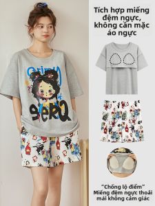 MiiOW | Bộ đồ ngủ cotton nguyên chất mùa hè có đệm ngực cho nữ Áo thun cổ tròn tay ngắn Quần short Thiết kế hoạt hình dễ thương Bộ đồ mặc nhà