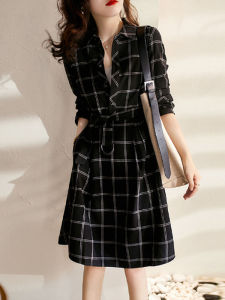 เสื้อเชิ้ตผู้หญิงสไตล์ฝรั่งเศส กระโปรงทรงเอ ลายสก็อต ฤดูใบไม้ผลิและฤดูใบไม้ร่วง 2025 ชุดเดรสสุดหรูหรา