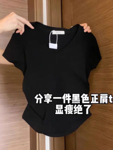 Black Irregular Short Sleeve T-Shirt Womens Style Slimming Waist Design Summer plus Size Fashionable Casual Korean Version