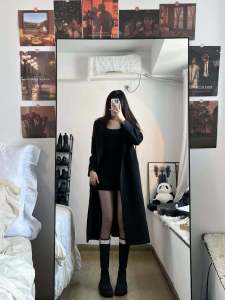 Black Woolen Overcoat for Women Autumn and Winter Thickening Quilted K-style Hepburn Style Small Mid Length Long Length Shoulder Woolen Outwear