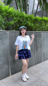 Set đồ bộ nữ Gucaa Việt Nam áo phông in mèo mix chân váy 3 tầng dễ thương