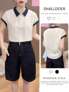 Shalldoer | เสื้อเชิ้ตแขนสั้นผู้หญิงคอโปโลลายปักสีบล็อกฤดูร้อน 2025 แฟชั่น เสื้อผ้าทำงาน ผ้าฝ้ายผสมโพลีเอสเตอร์ ปกติ